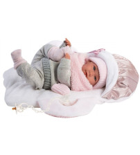 Lelle zīdainis Mimi 42 cm (pārnes. soma, raud, runā, ar mānekli, mīkstais ķermenis) Spānija LL74004