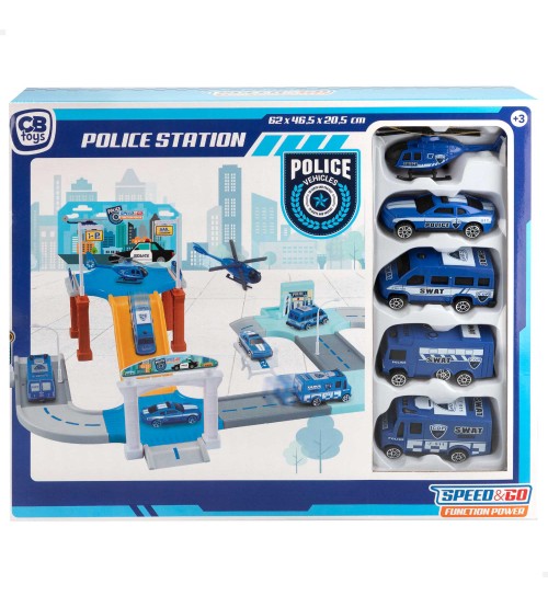 Autostāvvieta Policijas iecirknis ar 5 plast. mašīnām ar inerci 3+ CB46825